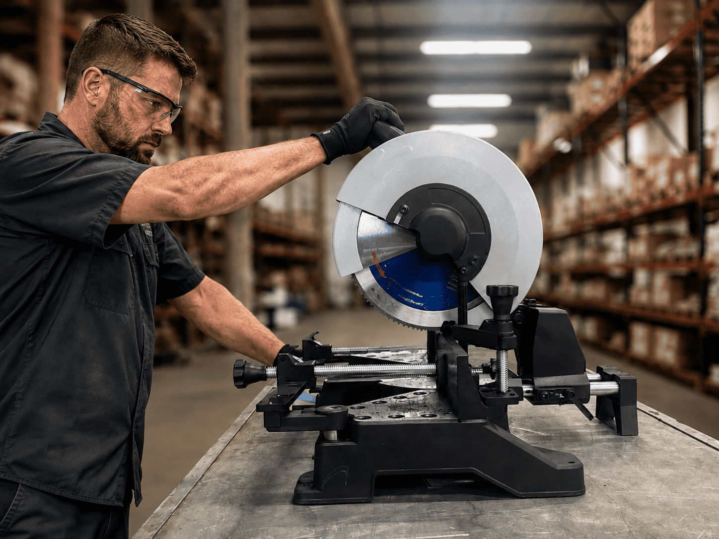 mitering saw with operator